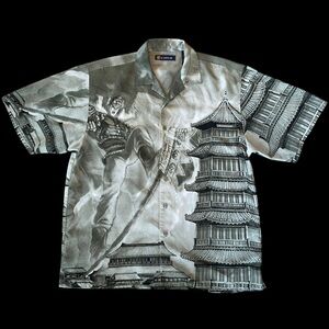 Y2K 00s Wingo Anime Graphic Japan Pagoda Button Down Shirt AOP Polyester Mens XL